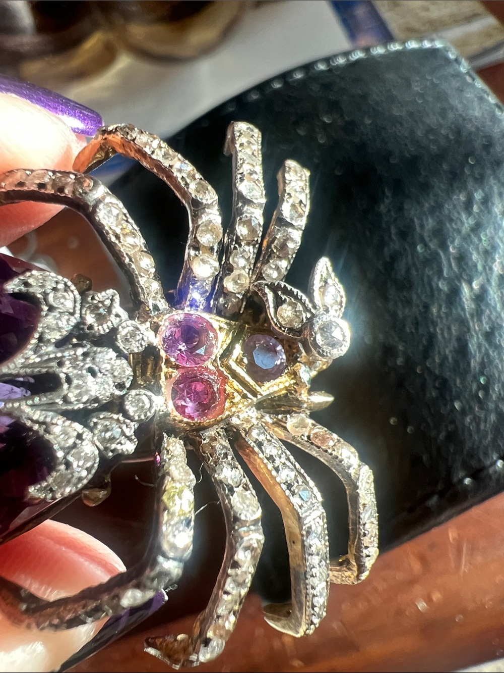 Antique SPIDER PENDANT 47.7ct Amethyst, Diamond, Blue & Pink Sapphire Gemstones - Picture 5 of 15